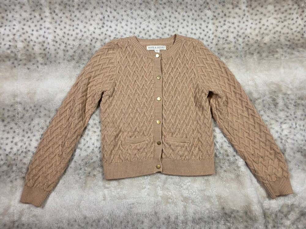 Hope & Henry Girls L 10/12 Herringbone Cable Knit Cardigan Organic Cotton